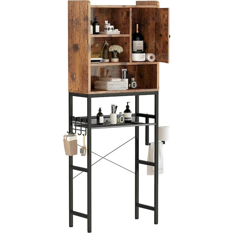 Meuble de rangement de salle de bain au-dessus des toilettes marron/blanc – 4 étagères ouvertes + placard avec porte