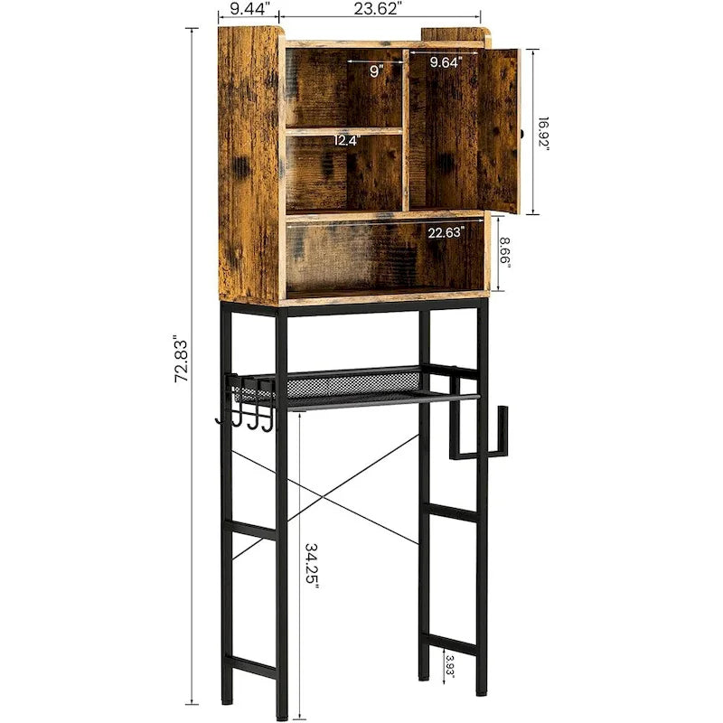 Meuble de rangement de salle de bain au-dessus des toilettes marron/blanc – 4 étagères ouvertes + placard avec porte