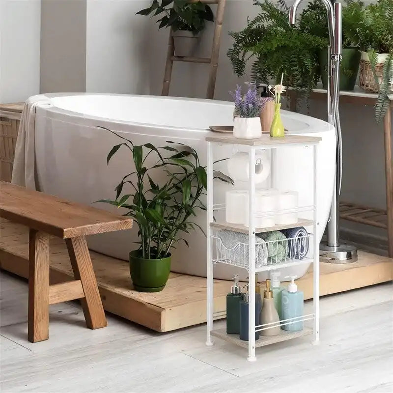 Étagère de salle de bain autoportante noire / rustique / chêne avec tiroir et porte-papier, 1 utilisateur