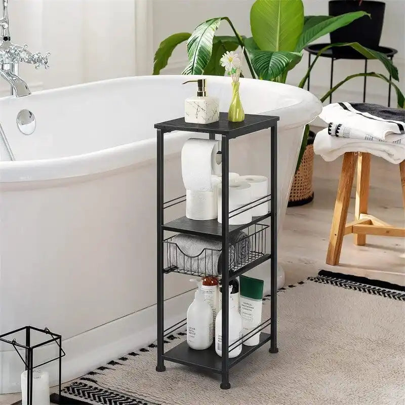 Étagère de salle de bain autoportante noire / rustique / chêne avec tiroir et porte-papier, 1 utilisateur