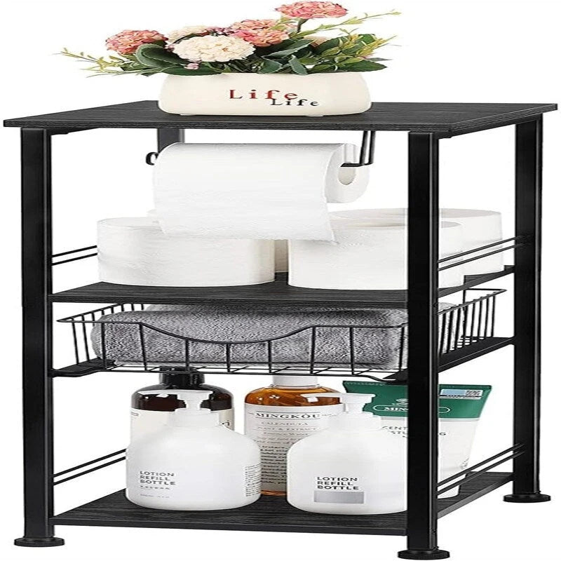 Étagère de salle de bain autoportante noire / rustique / chêne avec tiroir et porte-papier, 1 utilisateur