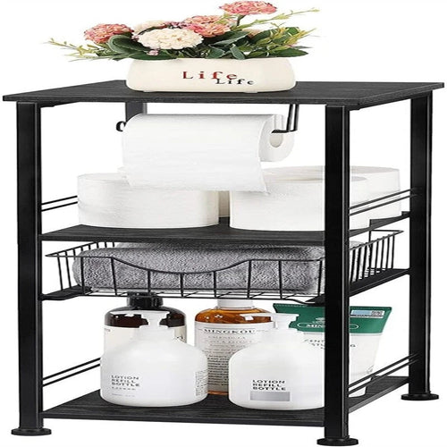 Étagère de salle de bain autoportante noire / rustique / chêne avec tiroir et porte-papier, 1 utilisateur