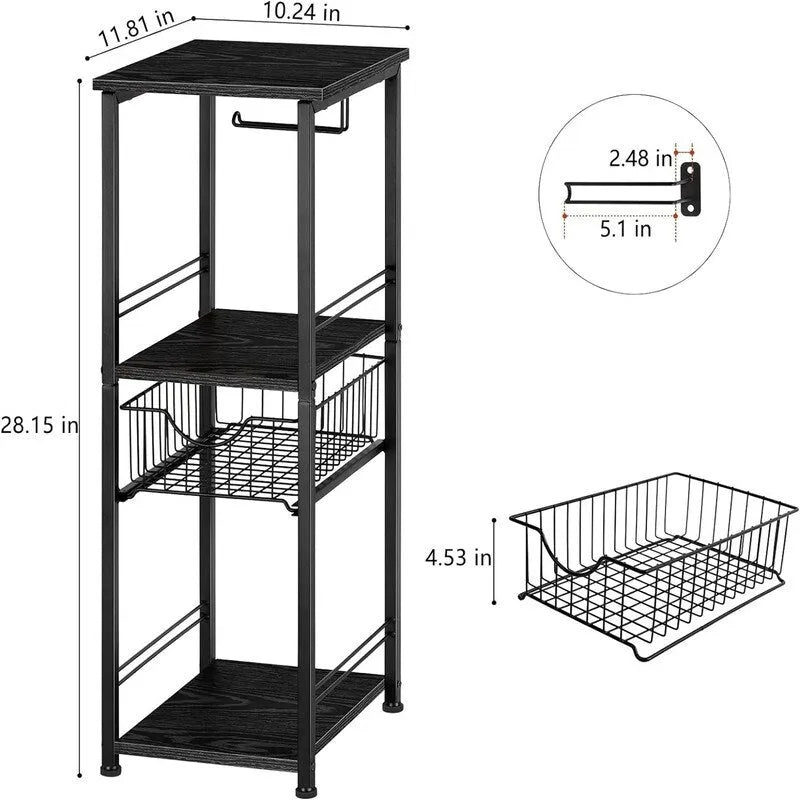 Étagère de salle de bain autoportante noire / rustique / chêne avec tiroir et porte-papier, 1 utilisateur