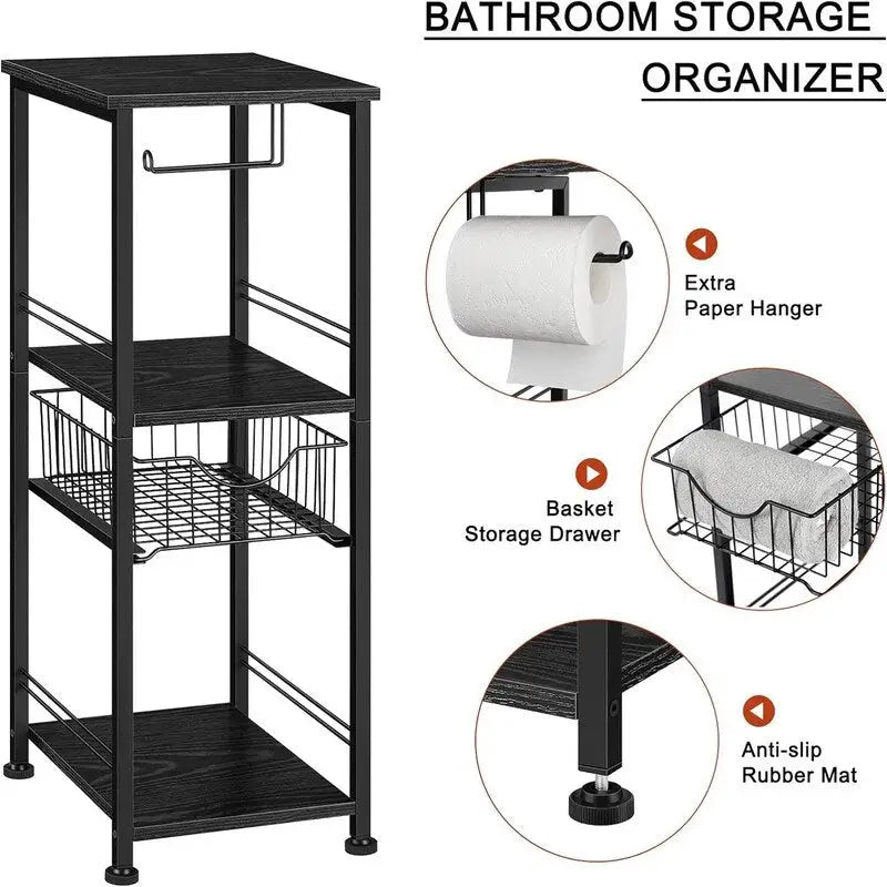Étagère de salle de bain autoportante noire / rustique / chêne avec tiroir et porte-papier, 1 utilisateur