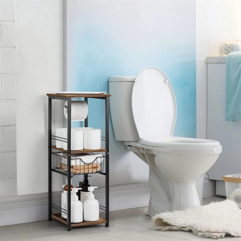 Étagère de salle de bain autoportante noire / rustique / chêne avec tiroir et porte-papier, 1 utilisateur