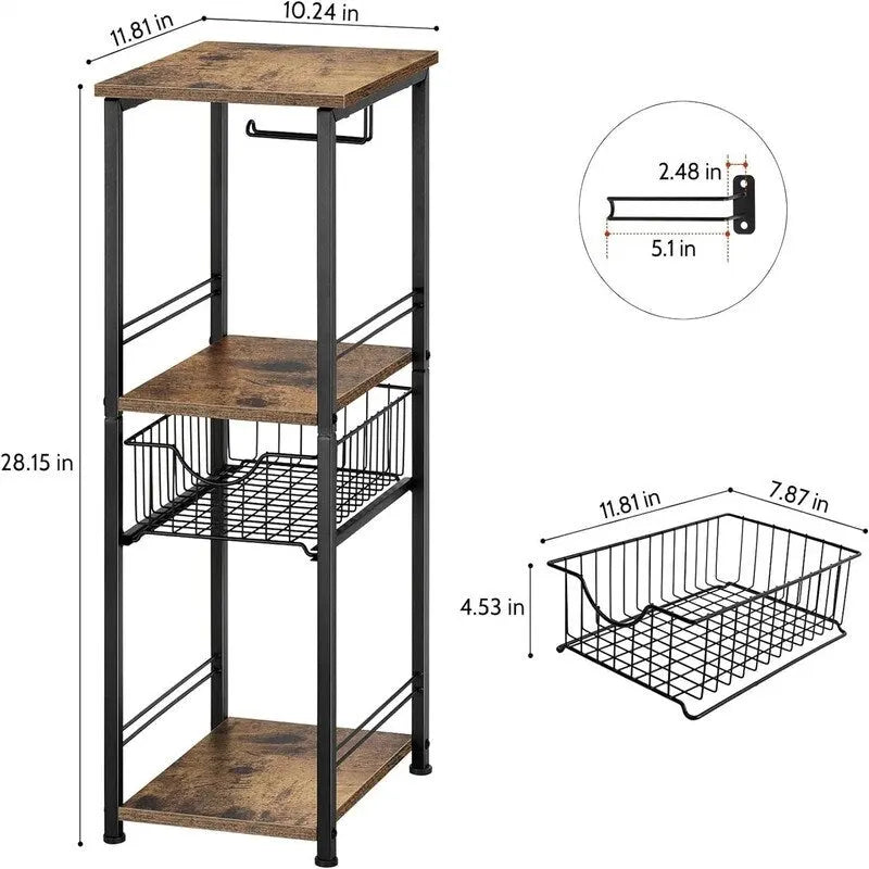 Étagère de salle de bain autoportante noire / rustique / chêne avec tiroir et porte-papier, 1 utilisateur