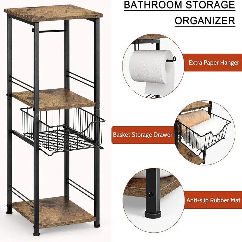 Étagère de salle de bain autoportante noire / rustique / chêne avec tiroir et porte-papier, 1 utilisateur