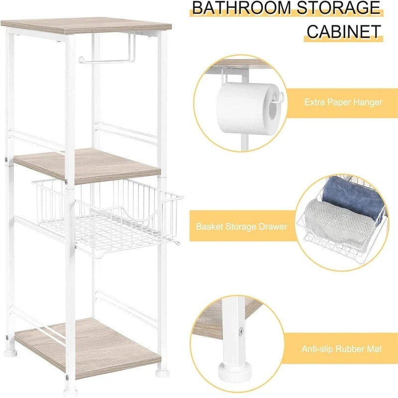 Étagère de salle de bain autoportante noire / rustique / chêne avec tiroir et porte-papier, 1 utilisateur