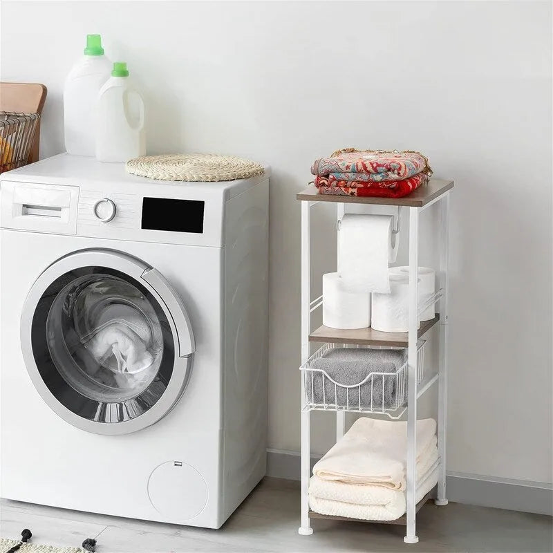 Étagère de salle de bain autoportante noire / rustique / chêne avec tiroir et porte-papier, 1 utilisateur