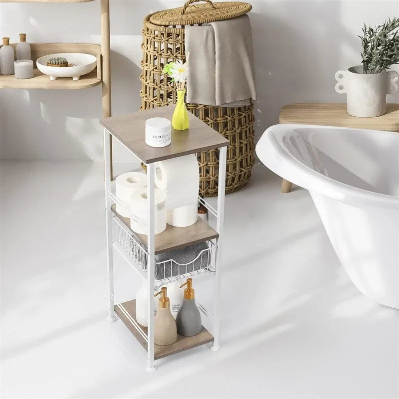 Étagère de salle de bain autoportante noire / rustique / chêne avec tiroir et porte-papier, 1 utilisateur