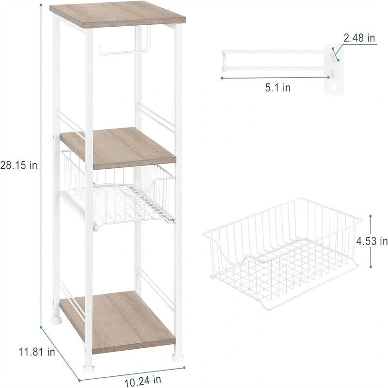 Étagère de salle de bain autoportante noire / rustique / chêne avec tiroir et porte-papier, 1 utilisateur