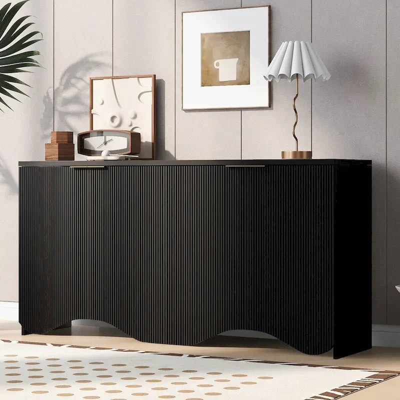 Armoire de rangement avec portes à rayures texturées – Noir / Blanc / Bleu marine, assemblage par 1 personne