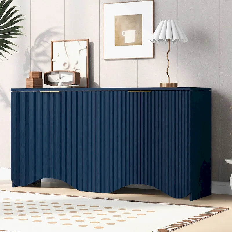Armoire de rangement avec portes à rayures texturées – Noir / Blanc / Bleu marine, assemblage par 1 personne