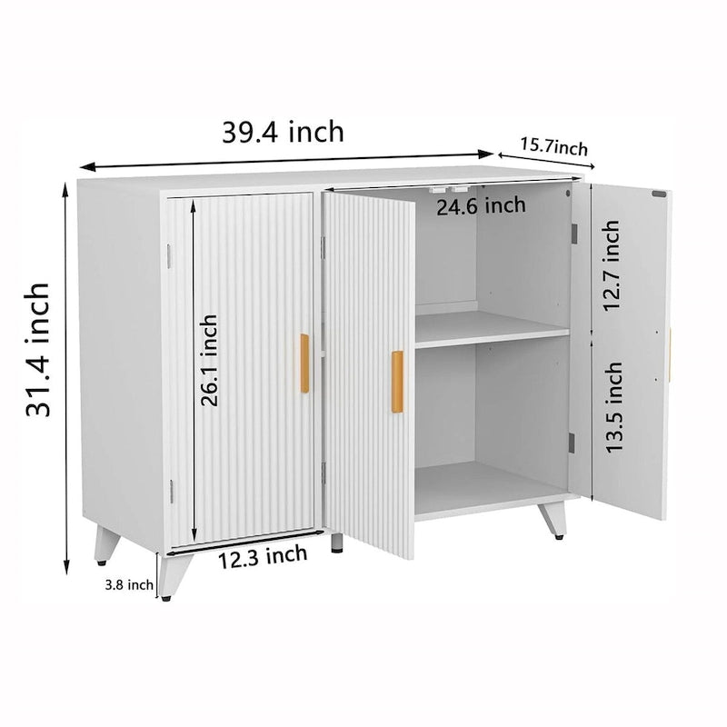 Bahut blanc cannelé avec pieds en laiton, meuble de rangement à 2 portes