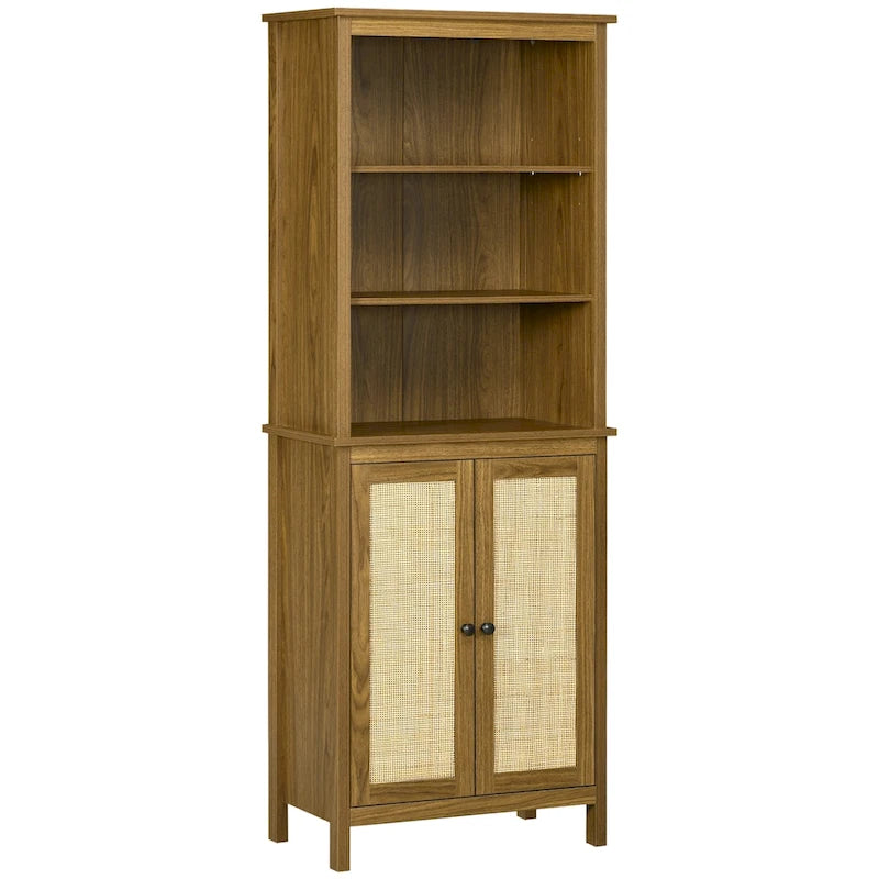 Bibliothèque simple à porte en rotin, 4 étagères, marron noyer