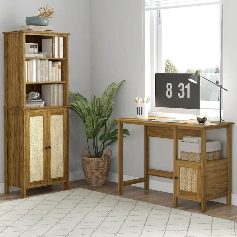Bibliothèque simple à porte en rotin, 4 étagères, marron noyer