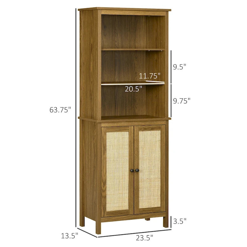Bibliothèque simple à porte en rotin, 4 étagères, marron noyer
