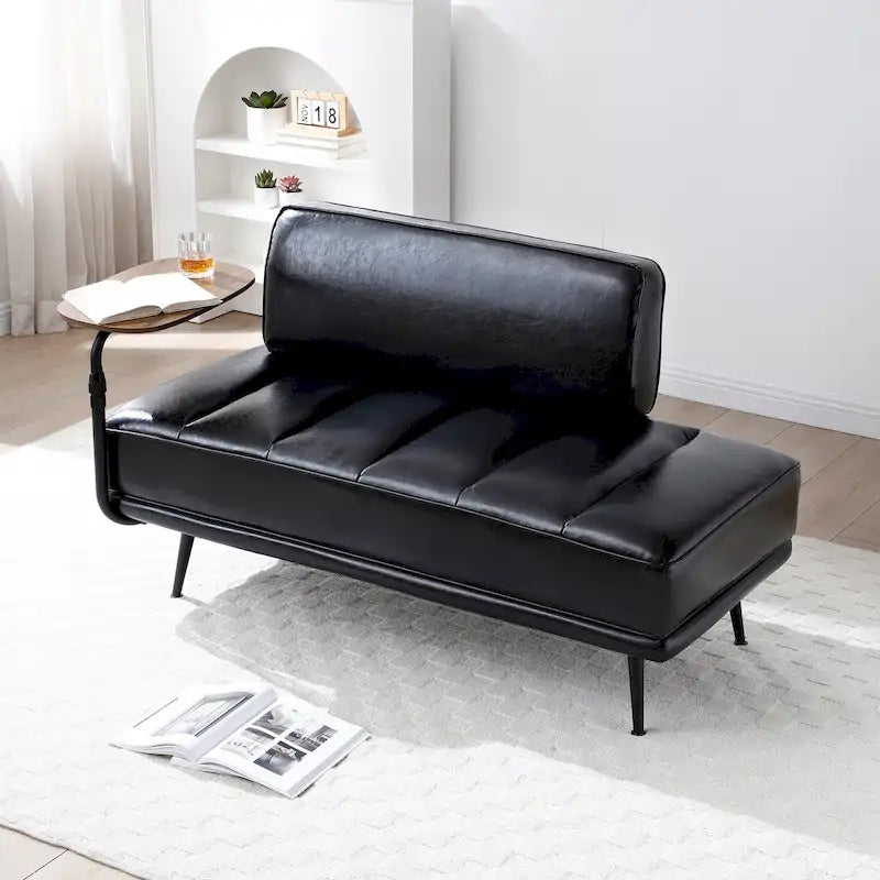 Banc de bout de lit en similicuir beige/noir avec plateau latéral pivotant à 360° et pieds en métal