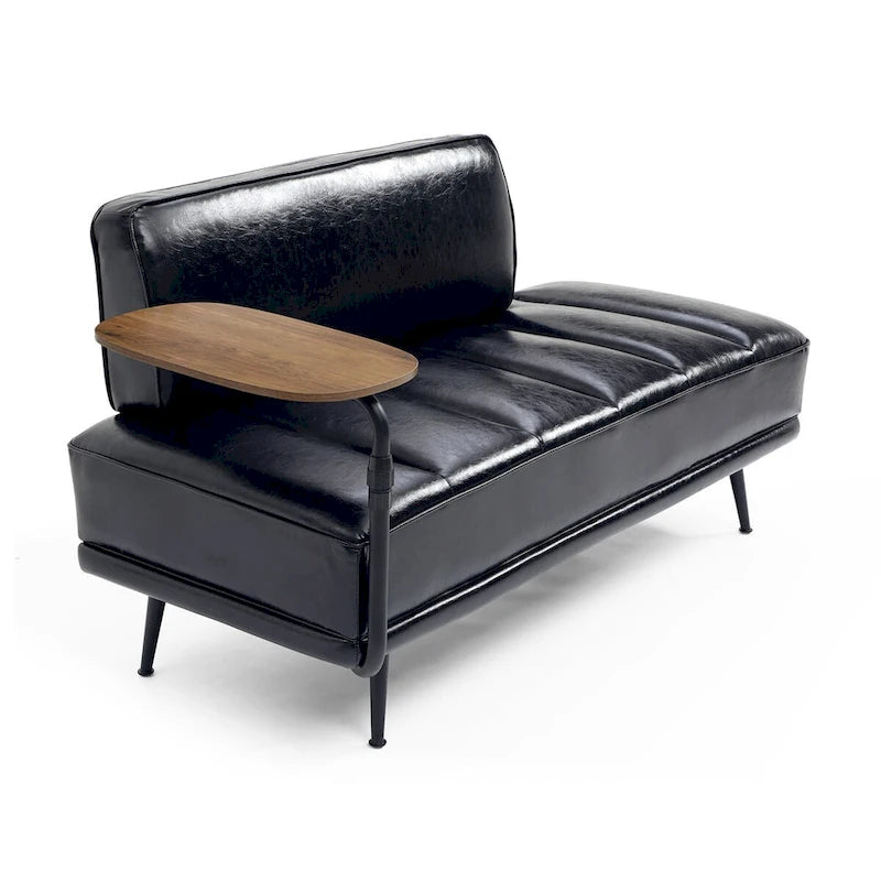 Banc de bout de lit en similicuir beige/noir avec plateau latéral pivotant à 360° et pieds en métal