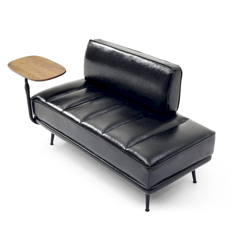 Banc de bout de lit en similicuir beige/noir avec plateau latéral pivotant à 360° et pieds en métal