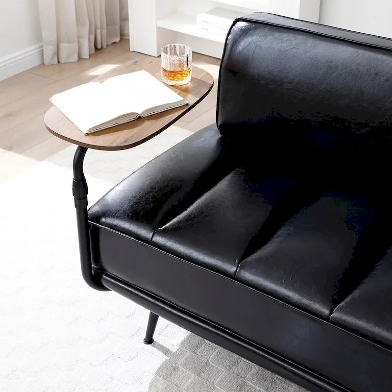 Banc de bout de lit en similicuir beige/noir avec plateau latéral pivotant à 360° et pieds en métal