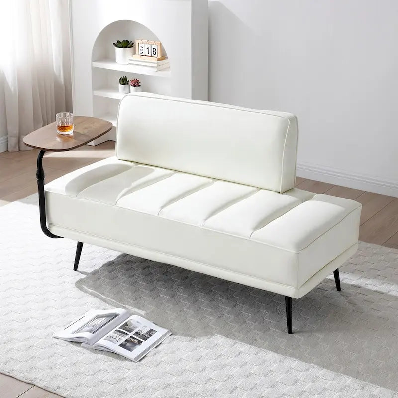 Banc de bout de lit en similicuir beige/noir avec plateau latéral pivotant à 360° et pieds en métal