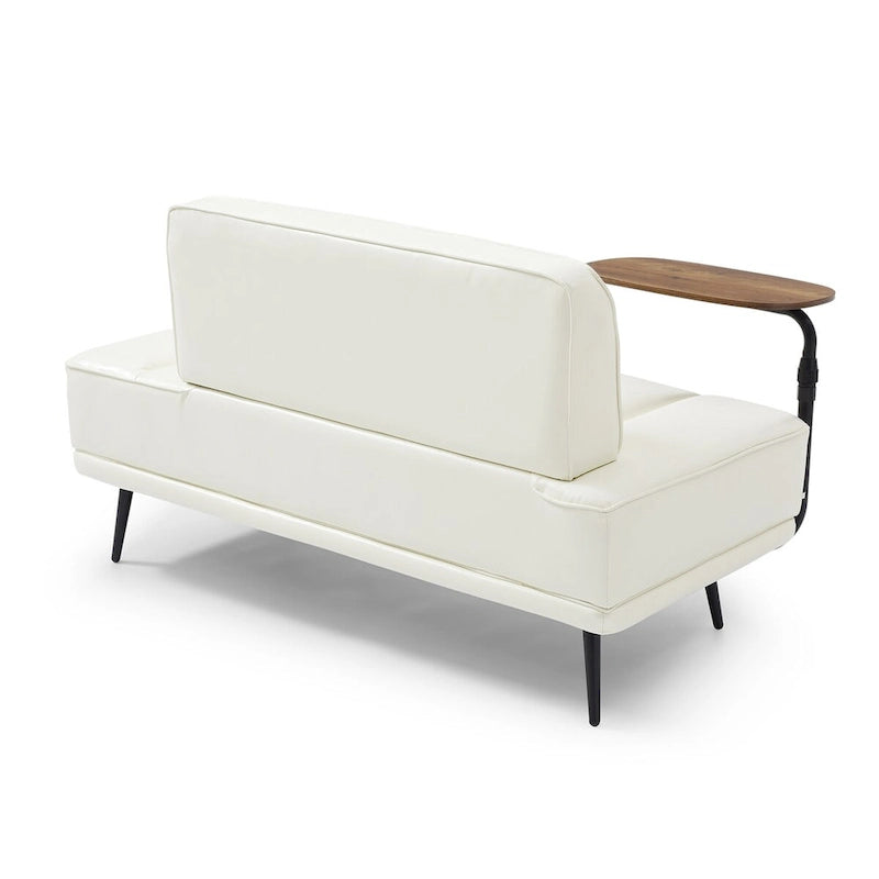 Banc de bout de lit en similicuir beige/noir avec plateau latéral pivotant à 360° et pieds en métal
