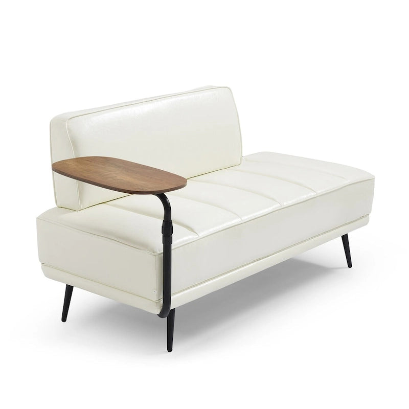 Banc de bout de lit en similicuir beige/noir avec plateau latéral pivotant à 360° et pieds en métal