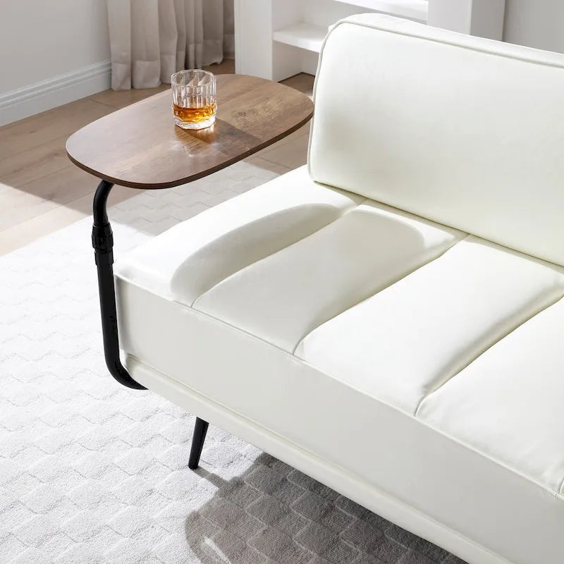 Banc de bout de lit en similicuir beige/noir avec plateau latéral pivotant à 360° et pieds en métal