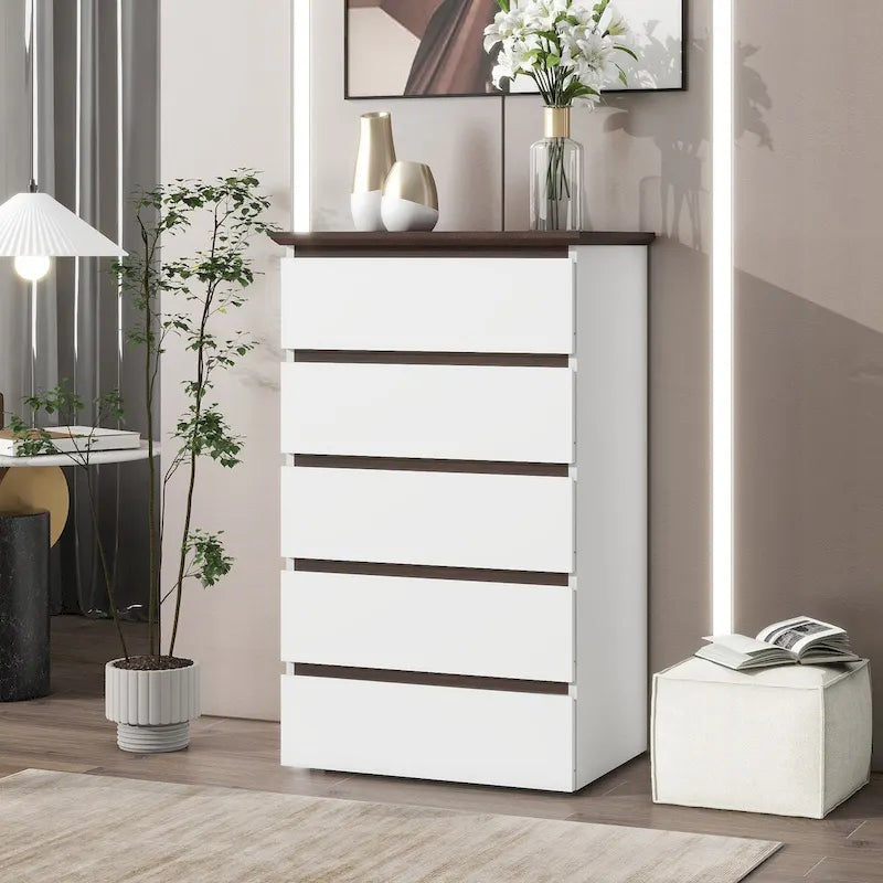 Commode blanche à 5 tiroirs, style moderne, simple