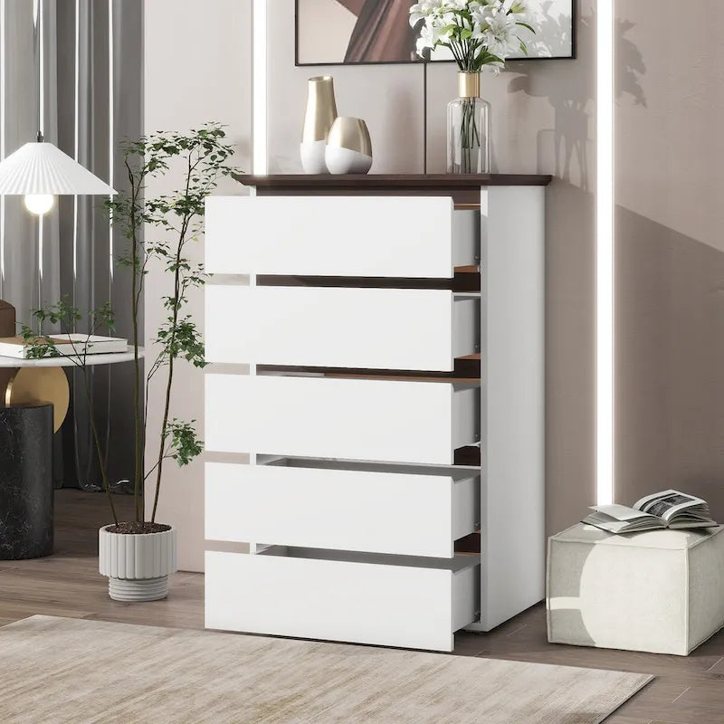 Commode blanche à 5 tiroirs, style moderne, simple