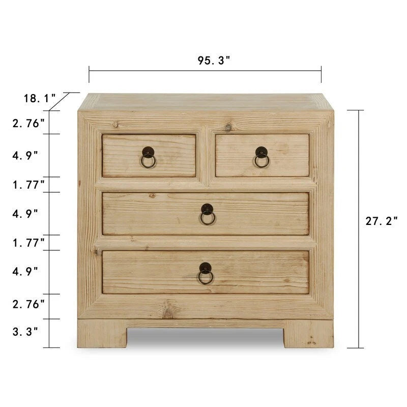 Chevet beige 4 tiroirs, finition pin vieilli, simple