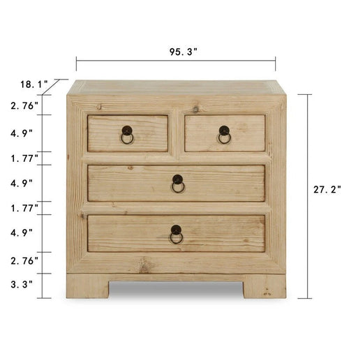 Chevet beige 4 tiroirs, finition pin vieilli, simple