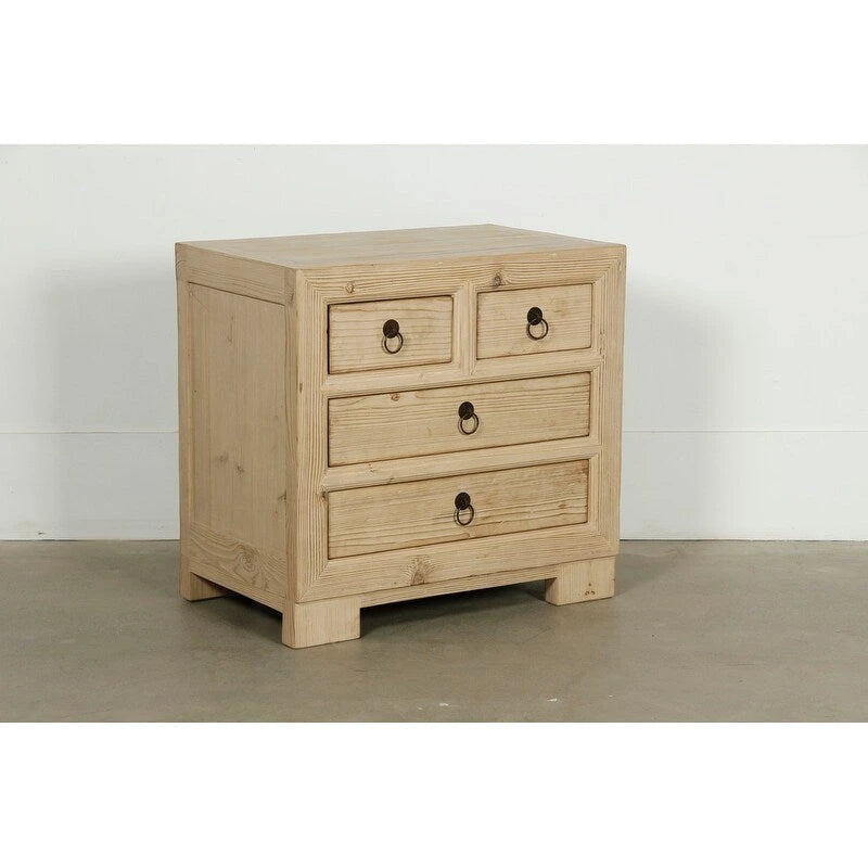 Chevet beige 4 tiroirs, finition pin vieilli, simple