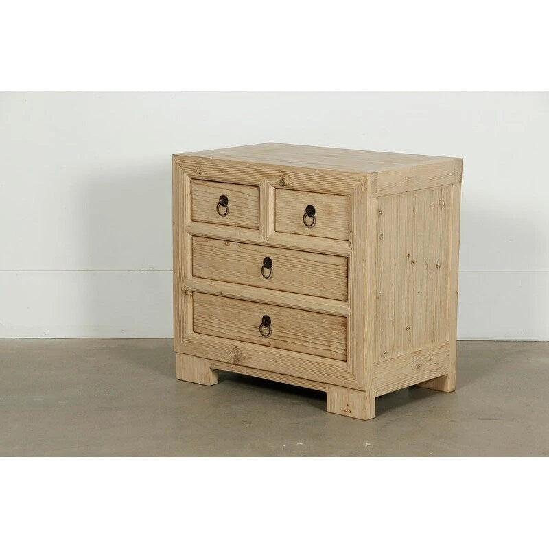 Chevet beige 4 tiroirs, finition pin vieilli, simple