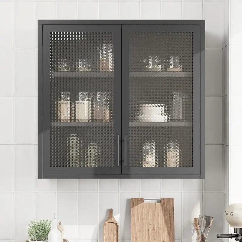 Meuble Haut Mural en Acier Blanc / Noir avec Portes en Verre Givré, 2 Étagères Réglables, Montage par une Seule Personne