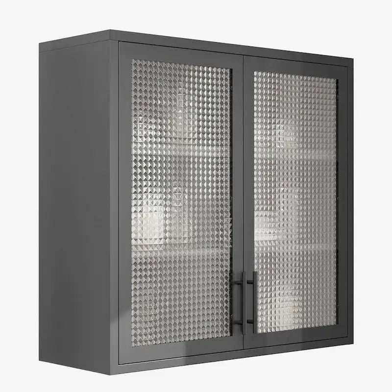 Meuble Haut Mural en Acier Blanc / Noir avec Portes en Verre Givré, 2 Étagères Réglables, Montage par une Seule Personne