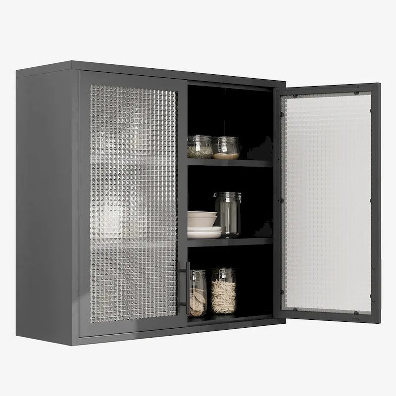 Meuble Haut Mural en Acier Blanc / Noir avec Portes en Verre Givré, 2 Étagères Réglables, Montage par une Seule Personne