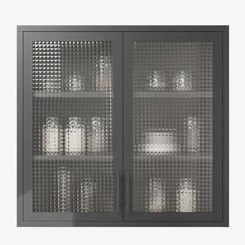 Meuble Haut Mural en Acier Blanc / Noir avec Portes en Verre Givré, 2 Étagères Réglables, Montage par une Seule Personne