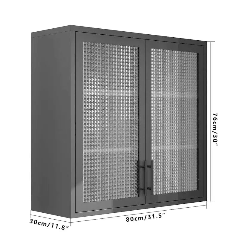 Meuble Haut Mural en Acier Blanc / Noir avec Portes en Verre Givré, 2 Étagères Réglables, Montage par une Seule Personne