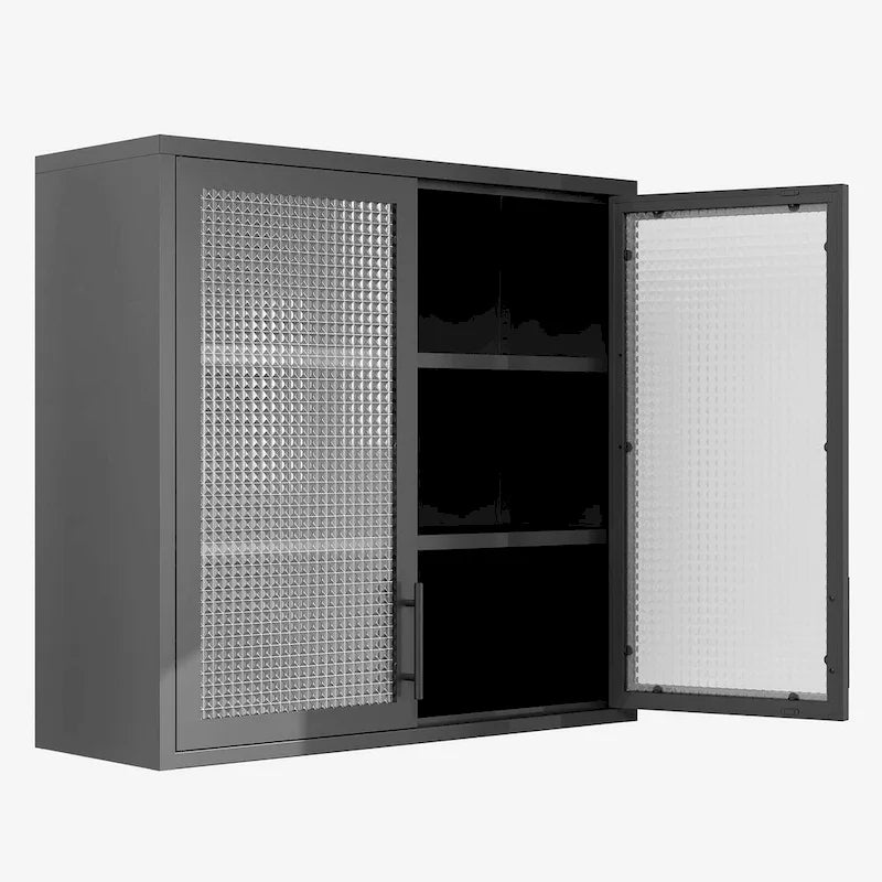 Meuble Haut Mural en Acier Blanc / Noir avec Portes en Verre Givré, 2 Étagères Réglables, Montage par une Seule Personne