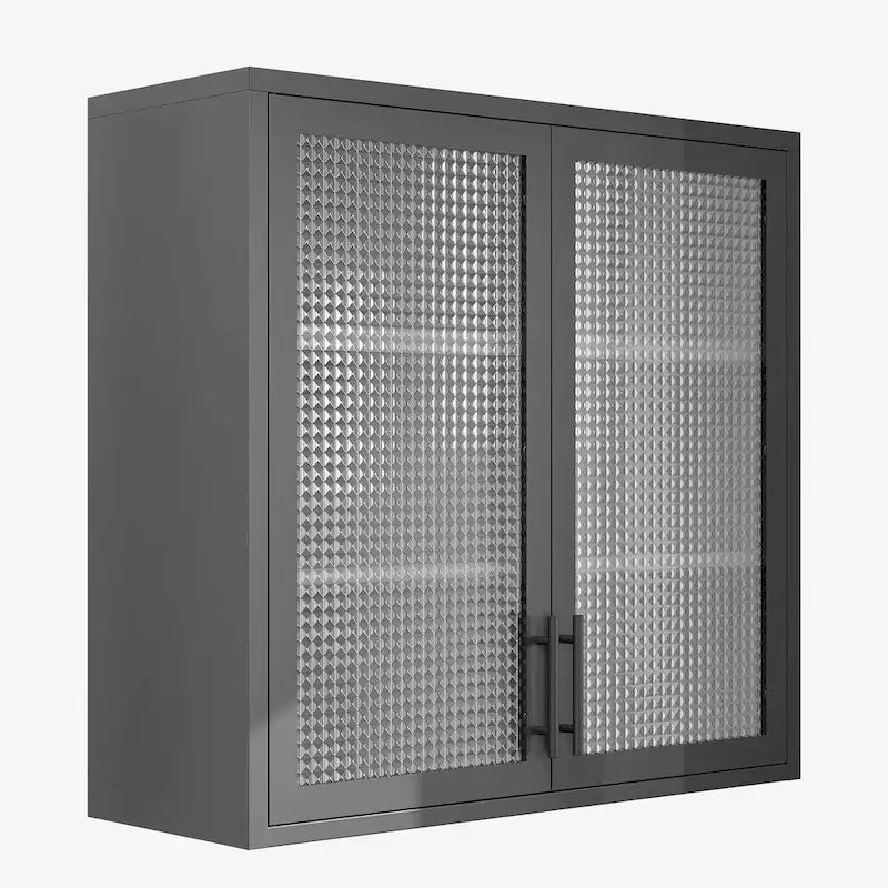 Meuble Haut Mural en Acier Blanc / Noir avec Portes en Verre Givré, 2 Étagères Réglables, Montage par une Seule Personne