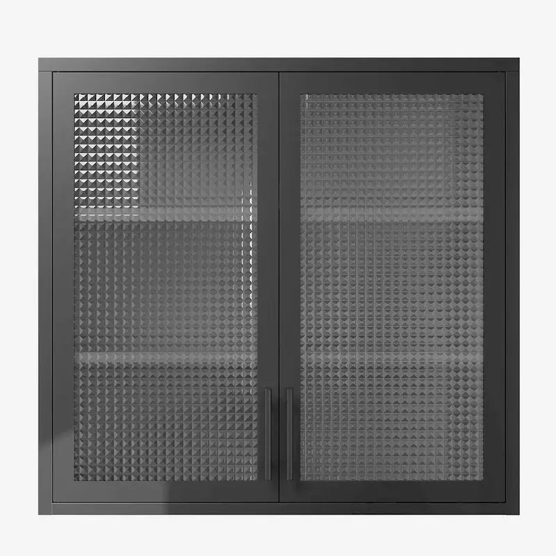 Meuble Haut Mural en Acier Blanc / Noir avec Portes en Verre Givré, 2 Étagères Réglables, Montage par une Seule Personne