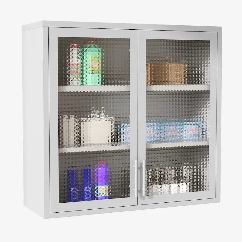 Meuble Haut Mural en Acier Blanc / Noir avec Portes en Verre Givré, 2 Étagères Réglables, Montage par une Seule Personne