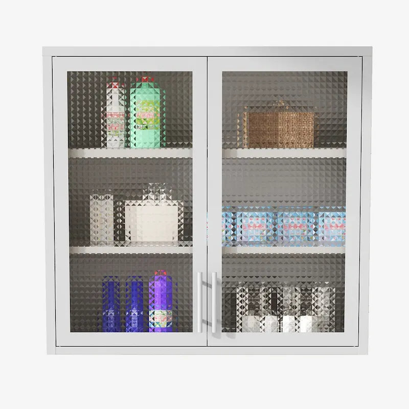 Meuble Haut Mural en Acier Blanc / Noir avec Portes en Verre Givré, 2 Étagères Réglables, Montage par une Seule Personne