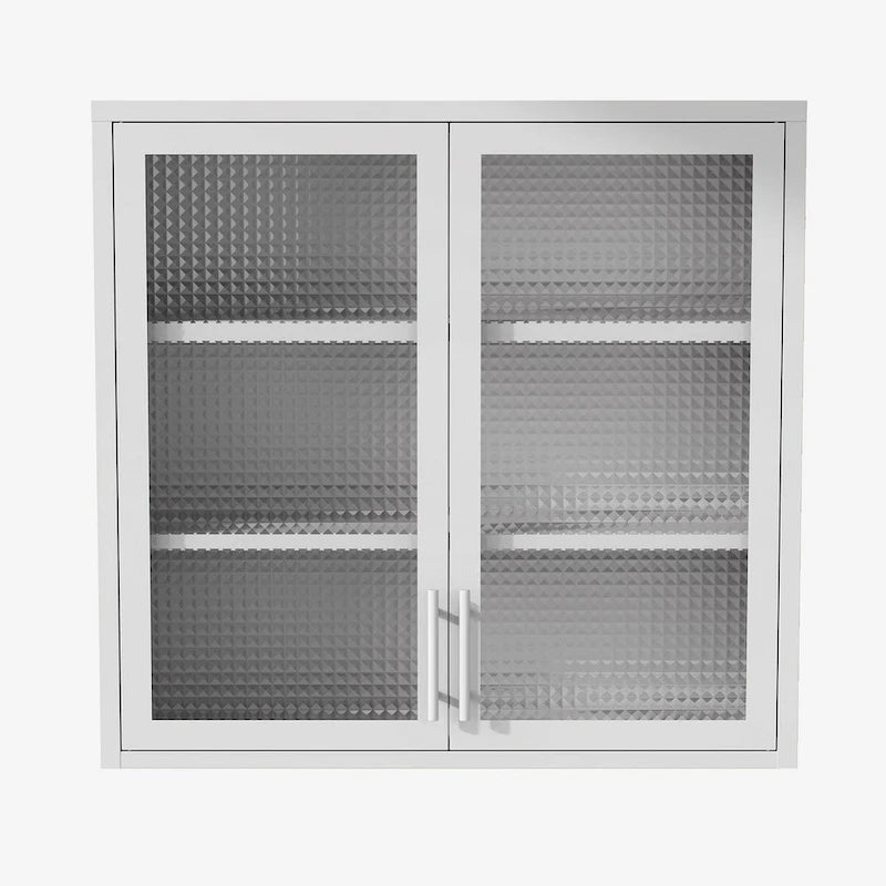 Meuble Haut Mural en Acier Blanc / Noir avec Portes en Verre Givré, 2 Étagères Réglables, Montage par une Seule Personne